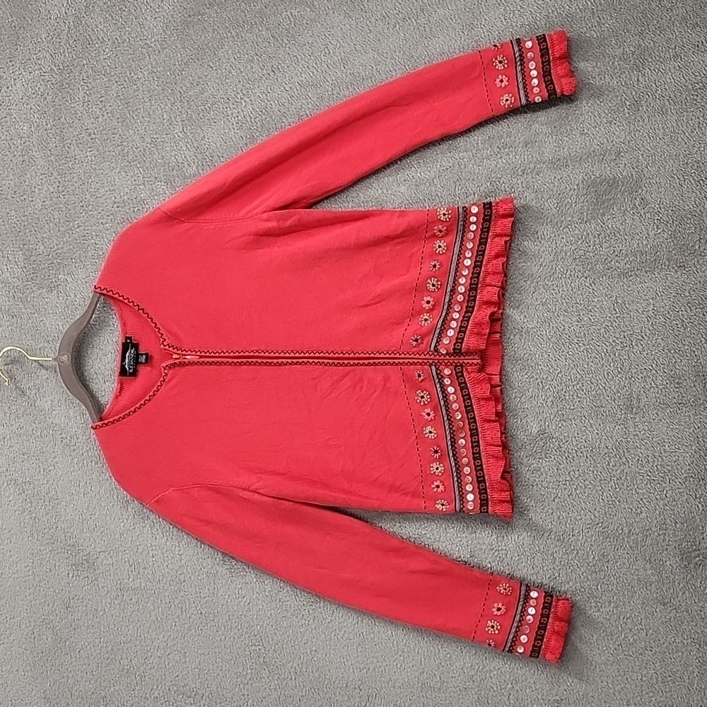 Icelandic Design Cardigan Sweater Women's Medium Embroidered Full Zip Pink